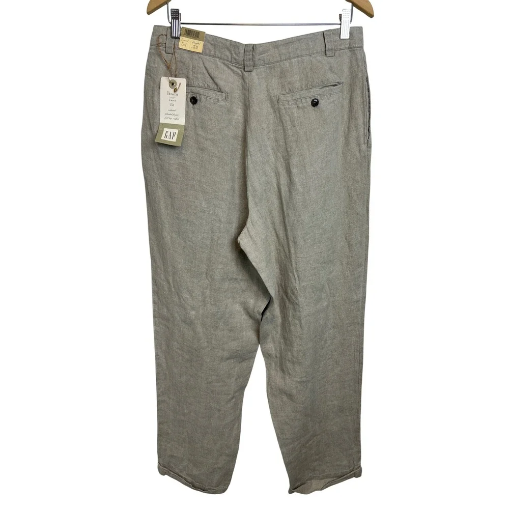 Gap Linen Easy Fit Pants Mens 34x32 Pleated Full Leg Cuffed 112203-01-1 Tan G18